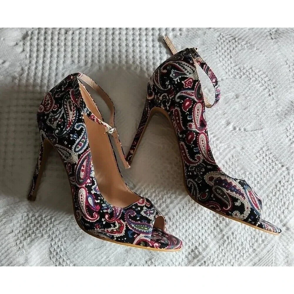 NEW JOLIMALL Paisley Open Toe Ankle Strap Pumps Shoes Sz 10